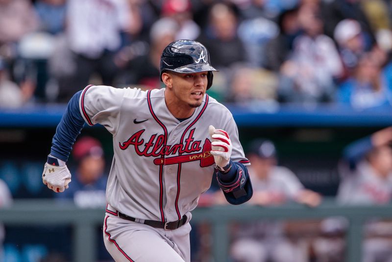 Apr 16, 2023; Kansas City, Missouri, USA; Atlanta Braves second baseman Vaughn Grissom (18) heads to first base after a hit during the ninth inning against the Kansas City Royals at Kauffman Stadium. Mandatory Credit: William Purnell-USA TODAY Sports