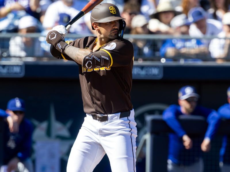 Feb 22, 2026; Peoria, Arizona, USA; San Diego Padres outfielder Nick Castellanos against the Los Angeles Dodgers during a spring training game at Peoria Sports Complex. Mandatory Credit: Mark J. Rebilas-Imagn Images