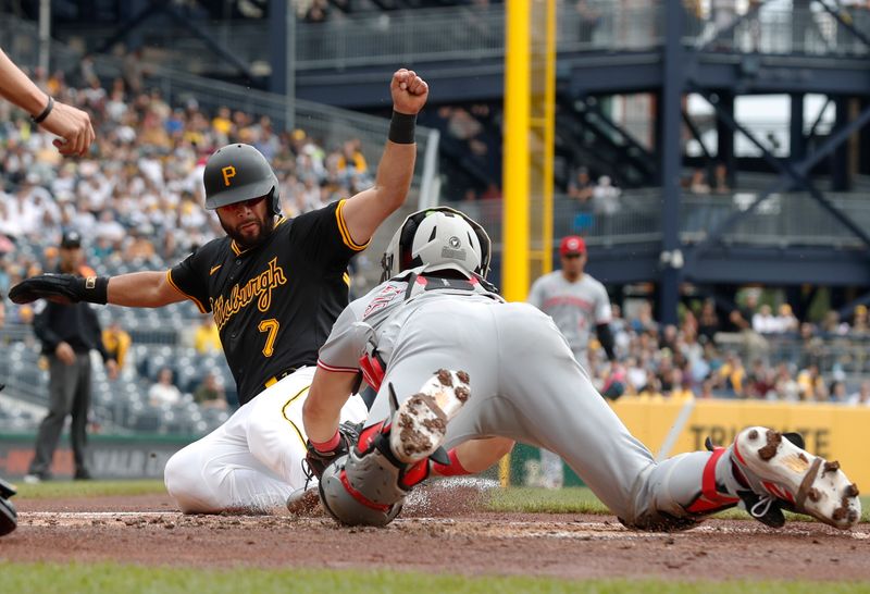 May 21, 2025; Pittsburgh, Pennsylvania, USA;  Cincinnati Reds catcher Tyler Stephenson (right) tags Pittsburgh Pirates shortstop Isiah Kiner-Falefa (7) out at home plate attempting to score during the first inning at PNC Park. Mandatory Credit: Charles LeClaire-Imagn Images