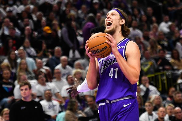 SALT LAKE CITY, UTAH - NOVEMBER 14: Kelly Olynyk #41 of the Utah Jazz reacts to a play during the second half of an NBA In-Season Tournament game against the Portland Trail Blazers at Delta Center on November 14, 2023 in Salt Lake City, Utah. NOTE TO USER: User expressly acknowledges and agrees that, by downloading and or using this photograph, User is consenting to the terms and conditions of the Getty Images License Agreement. (Photo by Alex Goodlett/Getty Images)