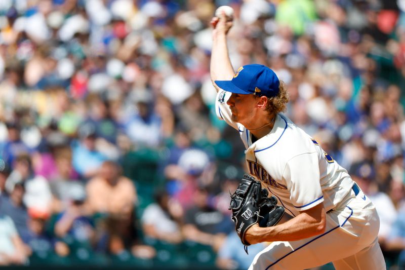 Aug 13, 2023; Seattle, Washington, USA; Seattle Mariners starting pitcher Bryce Miller (50) throws against the Baltimore Orioles during the first inning at T-Mobile Park. Mandatory Credit: Joe Nicholson-USA TODAY Sports