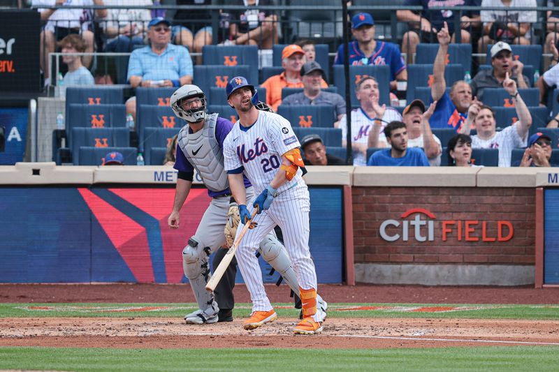 Jul 14, 2024; New York City, New York, USA; New York Mets first baseman Pete Alonso (20) looks up at his two run home run during the fourth inning in front of Colorado Rockies catcher Jacob Stallings (25) at Citi Field. Mandatory Credit: Vincent Carchietta-USA TODAY Sports