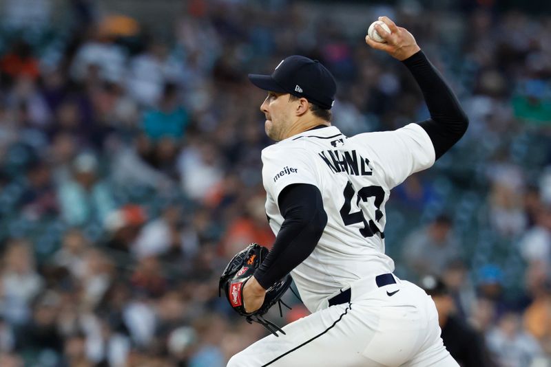 May 14, 2025; Detroit, Michigan, USA;  Detroit Tigers pitcher Tommy Kahnle (43) pitches in the seventh inning against the Boston Red Sox at Comerica Park. Mandatory Credit: Rick Osentoski-Imagn Images
