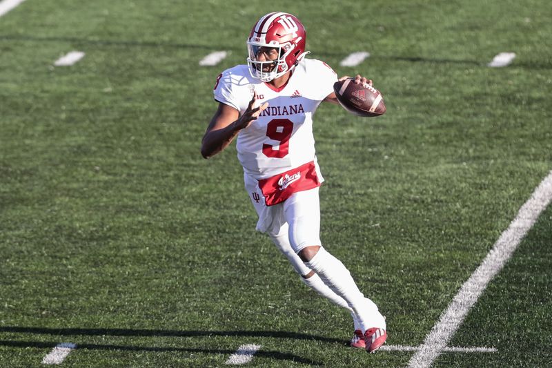 Oct 31, 2020; Piscataway, New Jersey, USA;Indiana Hoosiers quarterback Michael Penix Jr. (9) throws the ball during the first half against the Rutgers Scarlet Knights  at SHI Stadium. Mandatory Credit: Vincent Carchietta-USA TODAY Sports