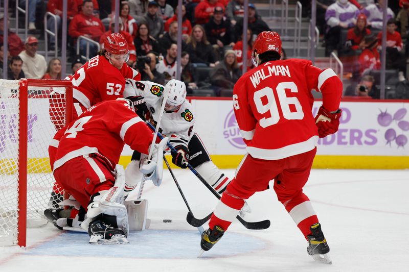 Nov 30, 2023; Detroit, Michigan, USA;  Detroit Red Wings goaltender Alex Lyon (34) makes a save on Chicago Blackhawks center Ryan Donato (8) in the first period at Little Caesars Arena. Mandatory Credit: Rick Osentoski-USA TODAY Sports