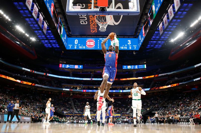 DETROIT, MI - OCTOBER 26: Jalen Duren #0 of the Detroit Pistons drives to the basket during the game against the Boston Celtics during a regular season game on October 26, 2024 at Little Caesars Arena in Detroit, Michigan. NOTE TO USER: User expressly acknowledges and agrees that, by downloading and/or using this photograph, User is consenting to the terms and conditions of the Getty Images License Agreement. Mandatory Copyright Notice: Copyright 2024 NBAE (Photo by Brian Sevald/NBAE via Getty Images)