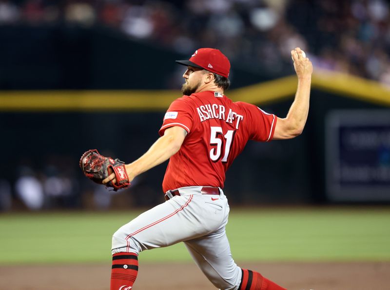 Aug 27, 2023; Phoenix, Arizona, USA; Cincinnati Reds pitcher Graham Ashcraft in the first inning against the Arizona Diamondbacks at Chase Field. Mandatory Credit: Mark J. Rebilas-USA TODAY Sports