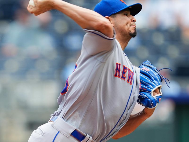 Aug 3, 2023; Kansas City, Missouri, USA; New York Mets starting pitcher Carlos Carrasco (59) pitches during the fifth inning against the Kansas City Royals at Kauffman Stadium. Mandatory Credit: Jay Biggerstaff-USA TODAY Sports