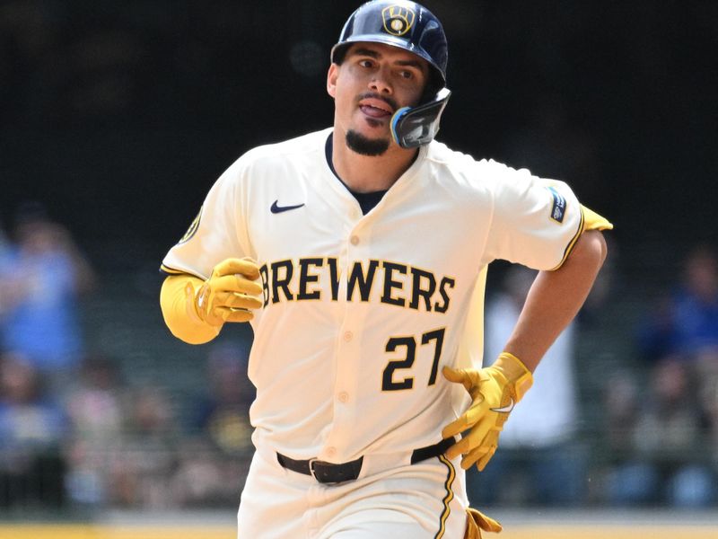 May 1, 2024; Milwaukee, Wisconsin, USA; Milwaukee Brewers shortstop Willy Adames (27) rounds the bases after hitting a home run against the Tampa Bay Rays in the sixth inning at American Family Field. Mandatory Credit: Michael McLoone-USA TODAY Sports