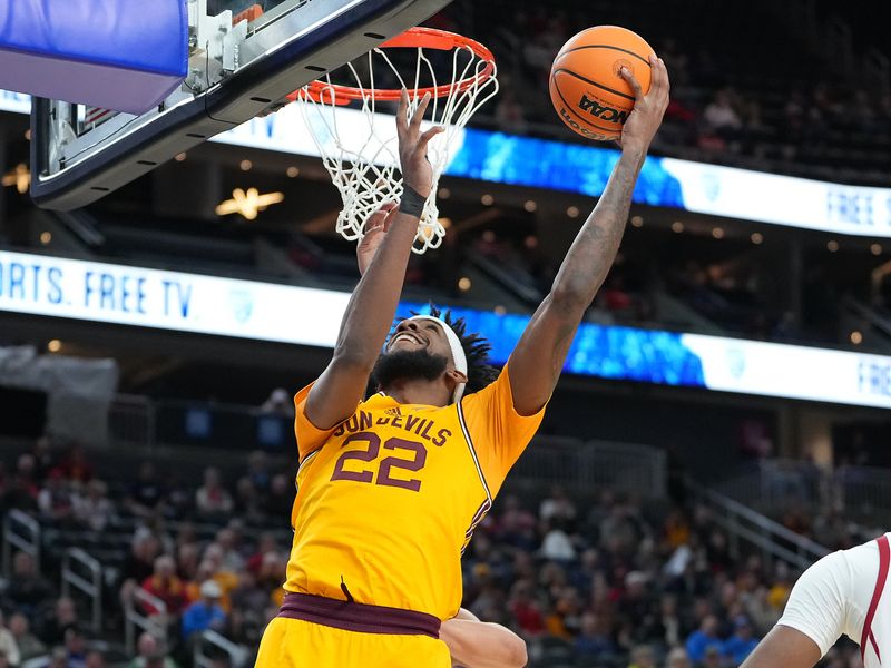 Mar 9, 2023; Las Vegas, NV, USA; Arizona State Sun Devils forward Warren Washington (22) shoots against the USC Trojans during the first half at T-Mobile Arena. Mandatory Credit: Stephen R. Sylvanie-USA TODAY Sports