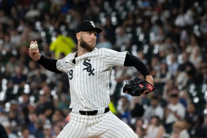 Sep 10, 2024; Chicago, Illinois, USA;  Chicago White Sox pitcher Sean Burke (59) makes his major league debut during the seventh inning against the Cleveland Guardians at Guaranteed Rate Field. Mandatory Credit: Matt Marton-Imagn Images