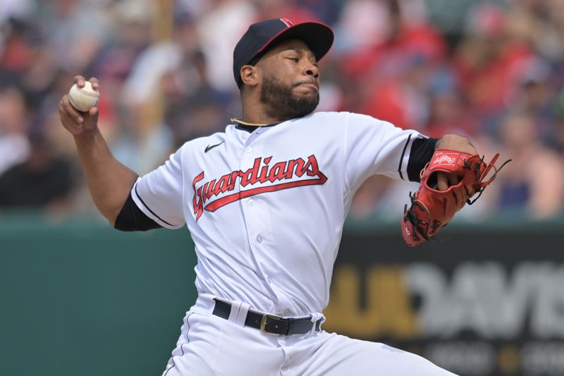 May 28, 2023; Cleveland, Ohio, USA; Cleveland Guardians relief pitcher Xzavion Curry (44) throws a pitch during the seventh inning against the St. Louis Cardinals at Progressive Field. Mandatory Credit: Ken Blaze-USA TODAY Sports