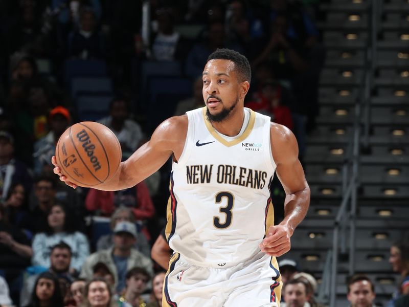 NEW ORLEANS, LA - JANUARY 15:  CJ McCollum #3 of the New Orleans Pelicans dribbles the ball during the game against the Dallas Mavericks on January 15, 2025 at the Smoothie King Center in New Orleans, Louisiana. NOTE TO USER: User expressly acknowledges and agrees that, by downloading and or using this Photograph, user is consenting to the terms and conditions of the Getty Images License Agreement. Mandatory Copyright Notice: Copyright 2025 NBAE (Photo by Layne Murdoch Jr./NBAE via Getty Images)