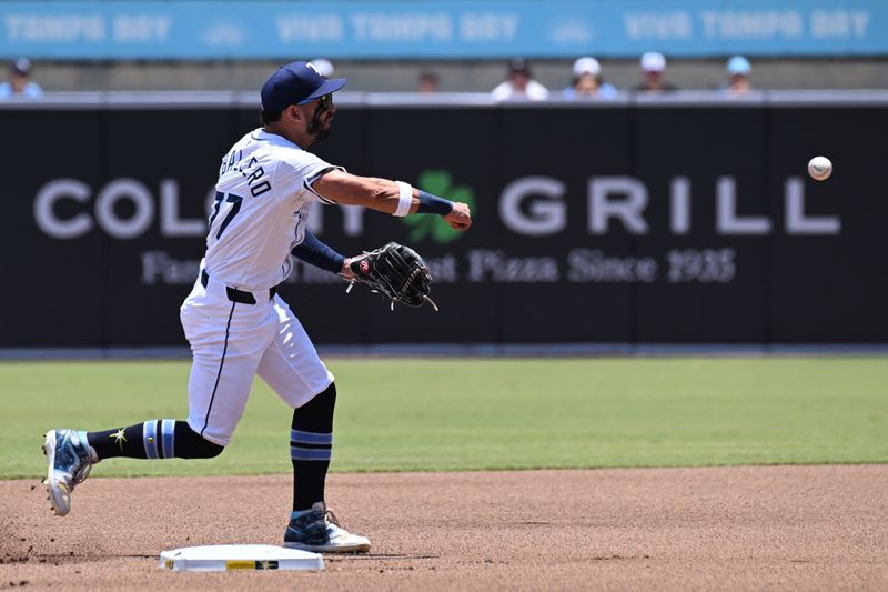 May 21, 2025; St. Petersburg, Florida, USA; Tampa Bay Rays shortstop Jose Caballero (77) throws to first base  in the first inning against the Houston Astros at George M. Steinbrenner Field. Mandatory Credit: Jonathan Dyer-Imagn Images