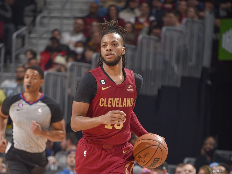 CLEVELAND, OH - FEBUARY 13:  Darius Garland #10 of the Cleveland Cavaliers goes to the basket during the game  on Febuary 13, 2023 at Rocket Mortgage FieldHouse in Cleveland, Ohio. NOTE TO USER: User expressly acknowledges and agrees that, by downloading and/or using this Photograph, user is consenting to the terms and conditions of the Getty Images License Agreement. Mandatory Copyright Notice: Copyright 2023 NBAE (Photo by David Liam Kyle/NBAE via Getty Images)