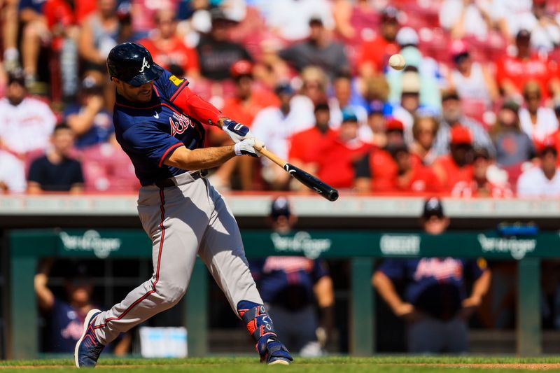Sep 19, 2024; Cincinnati, Ohio, USA; Atlanta Braves outfielder Ramon Laureano (18) hits a three-run home run in the third inning against the Cincinnati Reds at Great American Ball Park. Mandatory Credit: Katie Stratman-Imagn Images