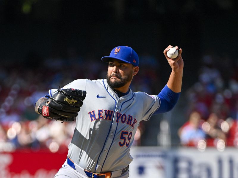 Aug 5, 2024; St. Louis, Missouri, USA;  New York Mets starting pitcher Sean Manaea (59) pitches against the St. Louis Cardinals during the second inning at Busch Stadium. Mandatory Credit: Jeff Curry-USA TODAY Sports