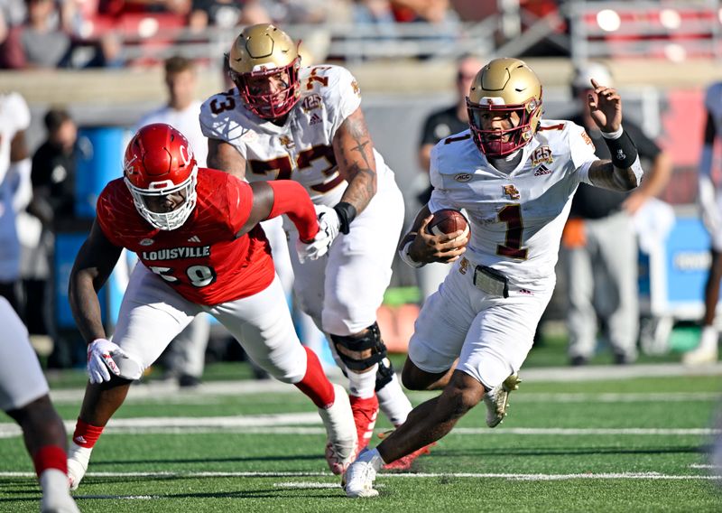 Sep 23, 2023; Louisville, Kentucky, USA;  Boston College Eagles quarterback Thomas Castellanos (1) runs the ball against the Louisville Cardinals during the second half at L&N Federal Credit Union Stadium. Louisville defeated Boston College 56-28. Mandatory Credit: Jamie Rhodes-USA TODAY Sports