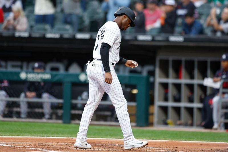 Sep 16, 2023; Chicago, Illinois, USA; Chicago White Sox shortstop Tim Anderson (7) scores against the Minnesota Twins during the first inning at Guaranteed Rate Field. Mandatory Credit: Kamil Krzaczynski-USA TODAY Sports