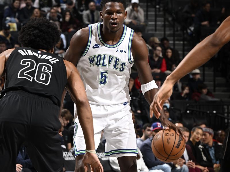 BROOKLYN, NY - JANUARY 25: Anthony Edwards #5 of the Minnesota Timberwolves dribbles the ball during the game against the Brooklyn Nets on January 25, 2024 at Barclays Center in Brooklyn, New York. NOTE TO USER: User expressly acknowledges and agrees that, by downloading and or using this Photograph, user is consenting to the terms and conditions of the Getty Images License Agreement. Mandatory Copyright Notice: Copyright 2024 NBAE (Photo by David Dow/NBAE via Getty Images)