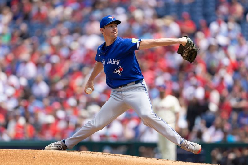 May 8, 2024; Philadelphia, Pennsylvania, USA; Toronto Blue Jays pitcher Chris Bassitt (40) throws a pitch against the Philadelphia Phillies during the first inning at Citizens Bank Park. Mandatory Credit: Bill Streicher-USA TODAY Sports