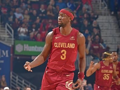 CLEVELAND, OH - OCTOBER 28: Caris LeVert #3 of the Cleveland Cavaliers celebrates during the game against the Indiana Pacers on October 28, 2023 at Rocket Mortgage FieldHouse in Cleveland, Ohio. NOTE TO USER: User expressly acknowledges and agrees that, by downloading and/or using this Photograph, user is consenting to the terms and conditions of the Getty Images License Agreement. Mandatory Copyright Notice: Copyright 2023 NBAE (Photo by David Liam Kyle/NBAE via Getty Images)