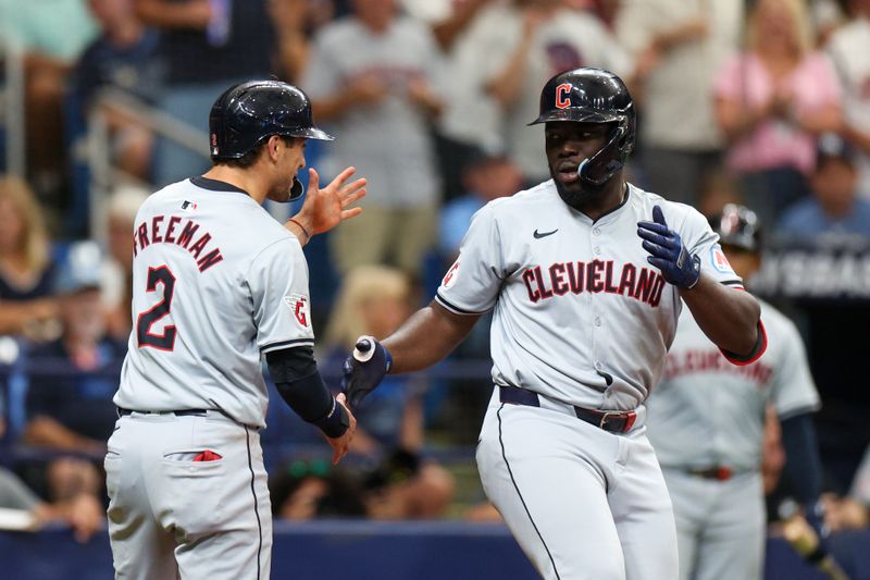 Jul 13, 2024; St. Petersburg, Florida, USA; Cleveland Guardians outfielder Jhonkensy Noel (43) celebrates with =with outfielder Tyler Freeman (2) after hitting a two run home run against the Tampa Bay Rays in the eighth inning  at Tropicana Field. Mandatory Credit: Nathan Ray Seebeck-USA TODAY Sports