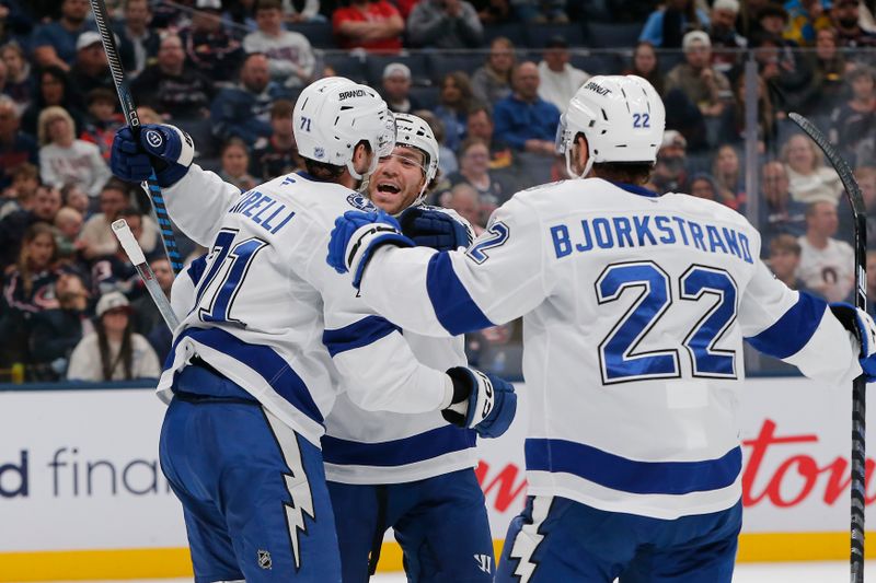 Oct 18, 2025; Columbus, Ohio, USA; Tampa Bay Lightning center Anthony Cirelli (71) celebrates after scoring a goal against the Columbus Blue Jackets during the first period at Nationwide Arena. Mandatory Credit: Russell LaBounty-Imagn Images