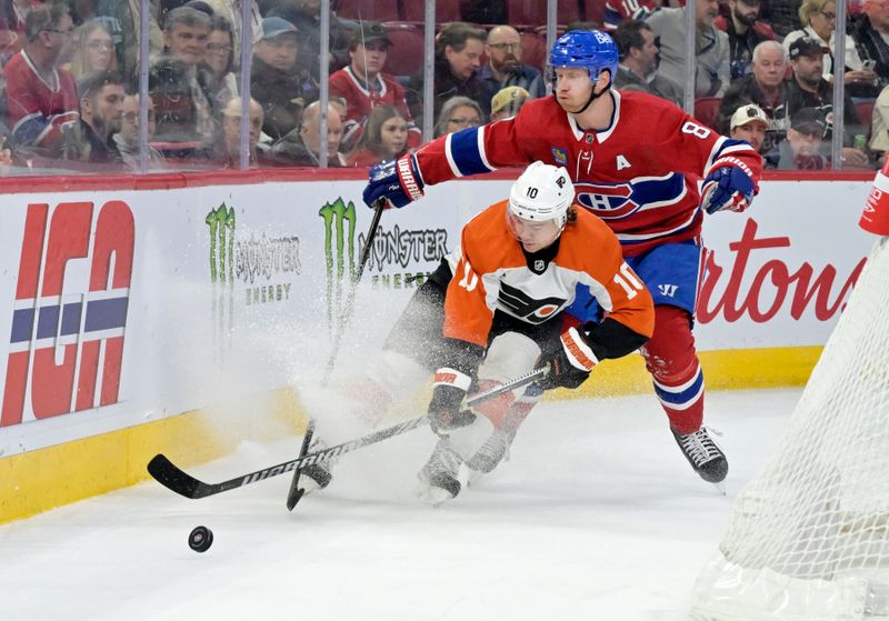 Apr 9, 2024; Montreal, Quebec, CAN; Philadelphia Flyers forward Bobby Brink (10) plays the puck and Montreal Canadiens defenseman Mike Matheson (8) defends during the first period at the Bell Centre. Mandatory Credit: Eric Bolte-USA TODAY Sports