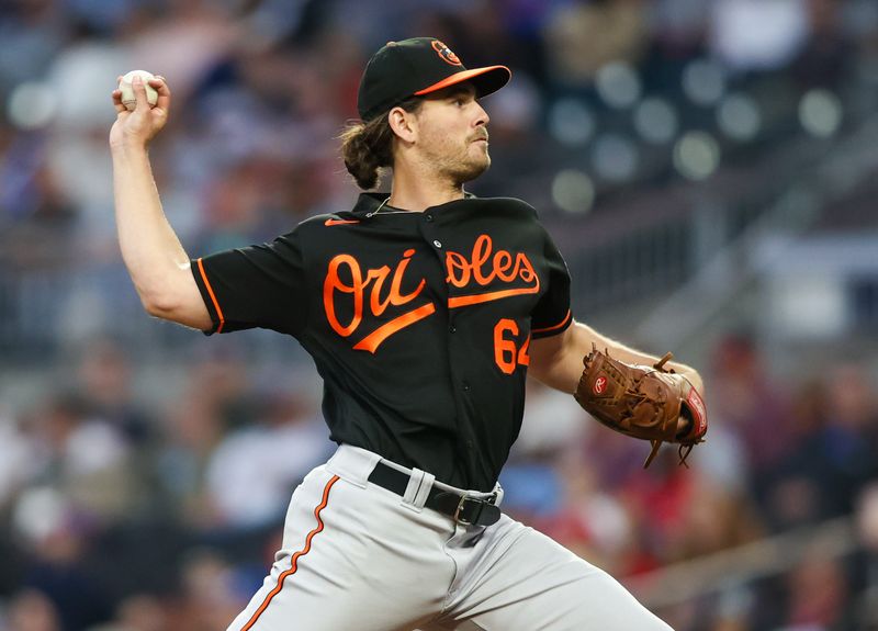 May 5, 2023; Atlanta, Georgia, USA; Baltimore Orioles starting pitcher Dean Kremer (64) throws against the Atlanta Braves in the fourth inning at Truist Park. Mandatory Credit: Brett Davis-USA TODAY Sports