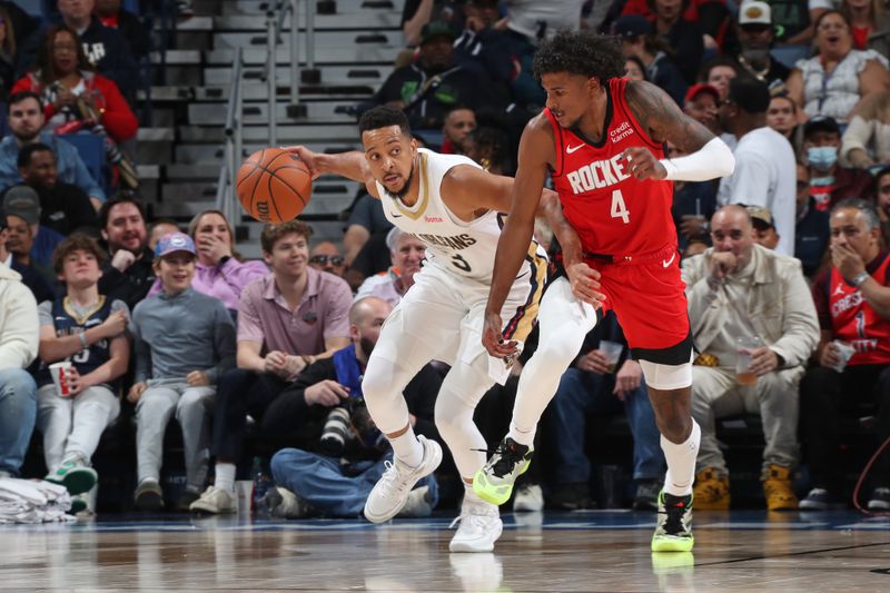 NEW ORLEANS, LA - FEBRUARY 22: CJ McCollum #3 of the New Orleans Pelicans dribbles the ball during the game against the Houston Rockets on February 22, 2024 at the Smoothie King Center in New Orleans, Louisiana. NOTE TO USER: User expressly acknowledges and agrees that, by downloading and or using this Photograph, user is consenting to the terms and conditions of the Getty Images License Agreement. Mandatory Copyright Notice: Copyright 2024 NBAE (Photo by Layne Murdoch Jr./NBAE via Getty Images)