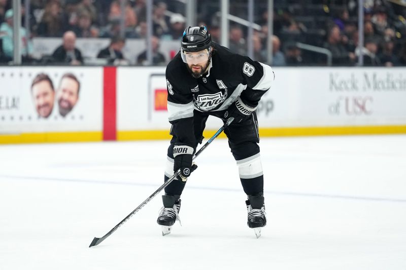 Dec 23, 2025; Los Angeles, California, USA; LA Kings defenseman Drew Doughty (8) against the Seattle Kraken in the second period at Crypto.com Arena. Mandatory Credit: Kirby Lee-Imagn Images