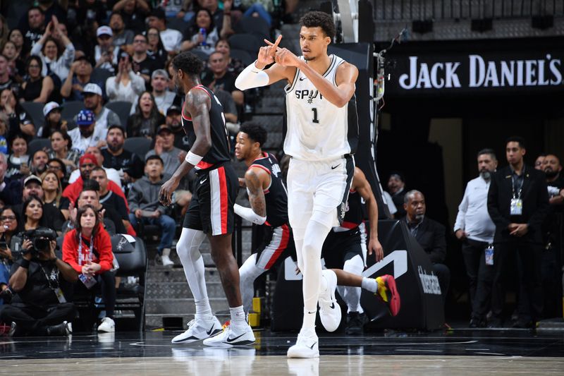 SAN ANTONIO, TX - NOVEMBER 7: Victor Wembanyama #1 of the San Antonio Spurs celebrates during the game against the Portland Trail Blazers on November 7, 2024 at the Frost Bank Center in San Antonio, Texas. NOTE TO USER: User expressly acknowledges and agrees that, by downloading and or using this photograph, user is consenting to the terms and conditions of the Getty Images License Agreement. Mandatory Copyright Notice: Copyright 2024 NBAE (Photos by Michael Gonzales/NBAE via Getty Images)