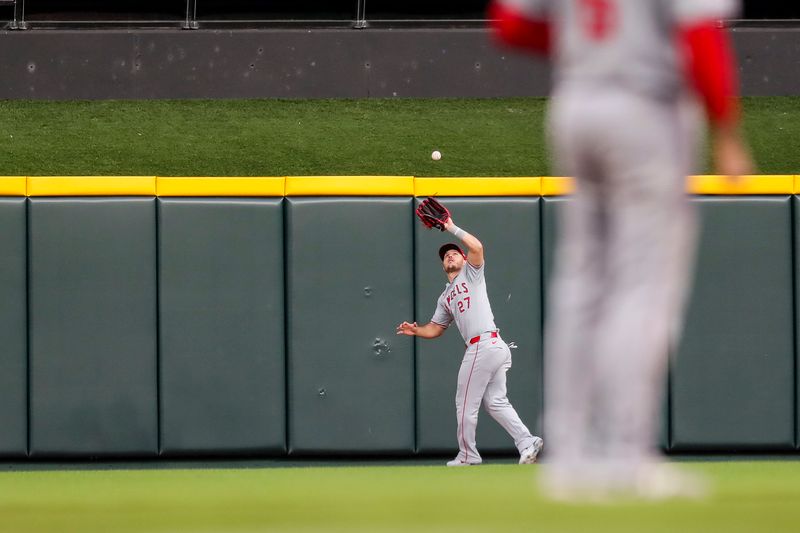 Apr 19, 2024; Cincinnati, Ohio, USA; Los Angeles Angels outfielder Mike Trout (27) catches a pop up hit by Cincinnati Reds outfielder Will Benson (not pictured) in the fifth inning at Great American Ball Park. Mandatory Credit: Katie Stratman-USA TODAY Sports