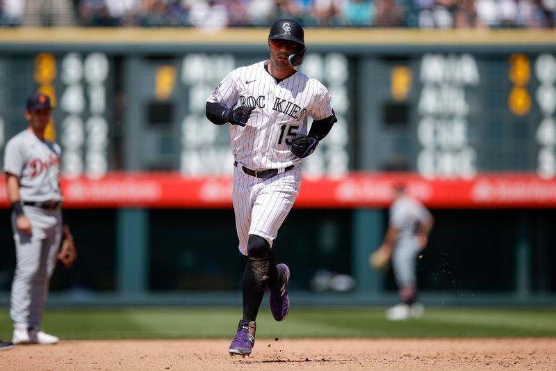 Jul 2, 2023; Denver, Colorado, USA; Colorado Rockies left fielder Randal Grichuk (15) rounds the bases on a solo home run in the sixth inning against the Detroit Tigers at Coors Field. Mandatory Credit: Isaiah J. Downing-USA TODAY Sports