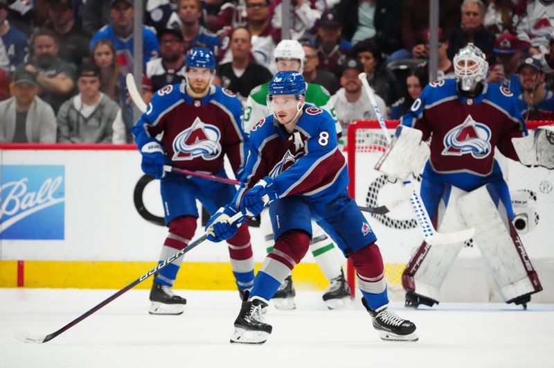 eMay 17, 2024; Denver, Colorado, USA; Colorado Avalanche defenseman Cale Makar (8) during the second period against the Dallas Stars in game six of the second round of the 2024 Stanley Cup Playoffs at Ball Arena. Mandatory Credit: Ron Chenoy-USA TODAY Sports