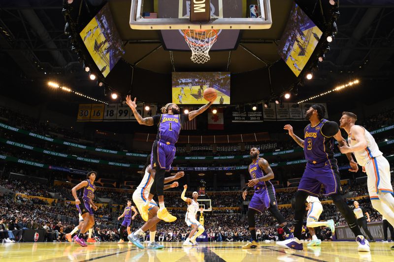 LOS ANGELES, CA - NOVEMBER 29: D'Angelo Russell #1 of the Los Angeles Lakers goes up for the rebound during the game against the Oklahoma City Thunder during a Emirates NBA Cup game on October 22, 2024 at Crypto.Com Arena in Los Angeles, California. NOTE TO USER: User expressly acknowledges and agrees that, by downloading and/or using this Photograph, user is consenting to the terms and conditions of the Getty Images License Agreement. Mandatory Copyright Notice: Copyright 2024 NBAE (Photo by Adam Pantozzi/NBAE via Getty Images)