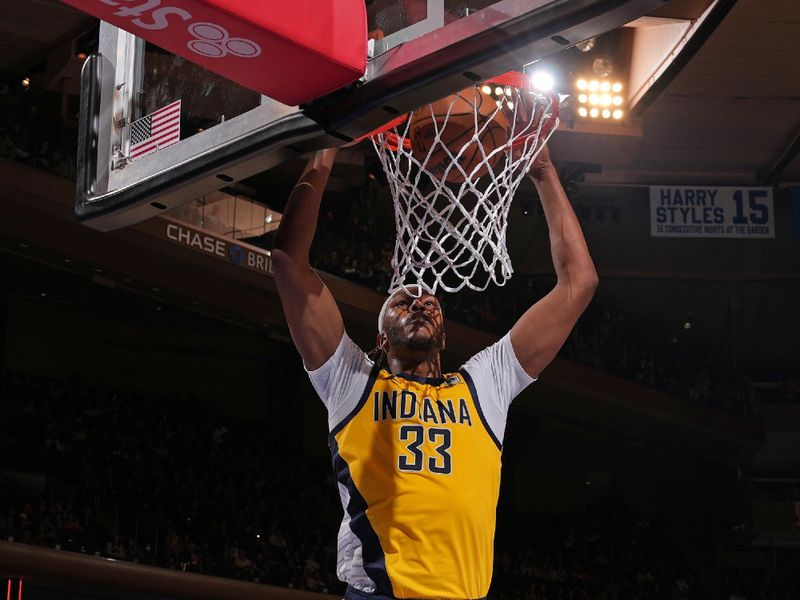 NEW YORK, NY - FEBRUARY 10: Myles Turner #33 of the Indiana Pacers dunks the ball during the game against the New York Knicks on February 10, 2024 at Madison Square Garden in New York City, New York.  NOTE TO USER: User expressly acknowledges and agrees that, by downloading and or using this photograph, User is consenting to the terms and conditions of the Getty Images License Agreement. Mandatory Copyright Notice: Copyright 2024 NBAE  (Photo by Jesse D. Garrabrant/NBAE via Getty Images)