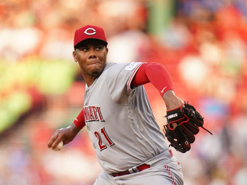 Jun 1, 2023; Boston, Massachusetts, USA; Cincinnati Reds starting pitcher Hunter Greene (21) throws a pitch against the Boston Red Sox in the first inning at Fenway Park. Mandatory Credit: David Butler II-USA TODAY Sports