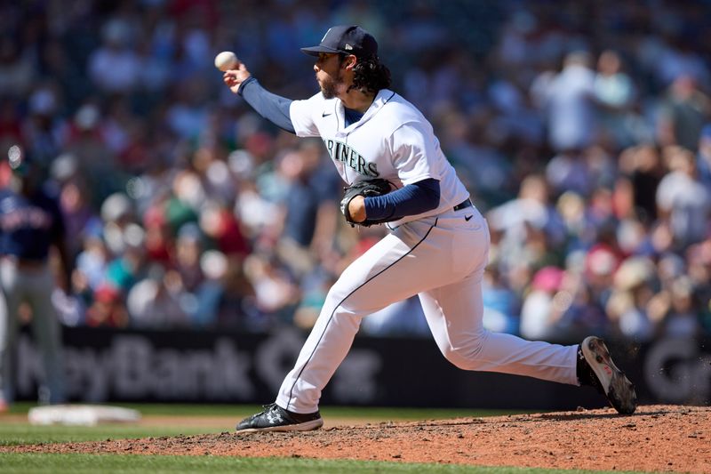 Aug 2, 2023; Seattle, Washington, USA; Seattle Mariners closing pitcher Andres Munoz works during the ninth inning against the Boston Red Sox at T-Mobile Park. Mandatory Credit: John Froschauer-USA TODAY Sports