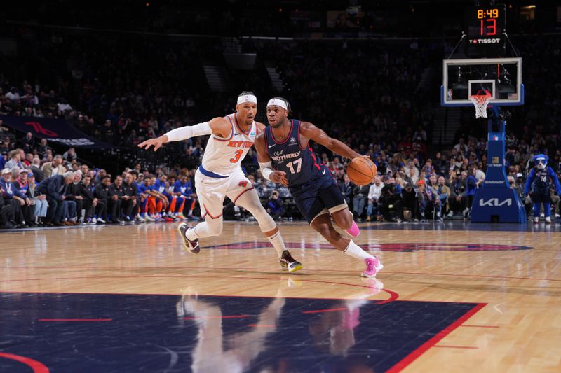 PHILADELPHIA, PA - FEBRUARY 22: Buddy Hield #17 of the Philadelphia 76ers drives to the basket during the game against the New York Knicks on February 22, 2024 at the Wells Fargo Center in Philadelphia, Pennsylvania NOTE TO USER: User expressly acknowledges and agrees that, by downloading and/or using this Photograph, user is consenting to the terms and conditions of the Getty Images License Agreement. Mandatory Copyright Notice: Copyright 2024 NBAE (Photo by Jesse D. Garrabrant/NBAE via Getty Images)