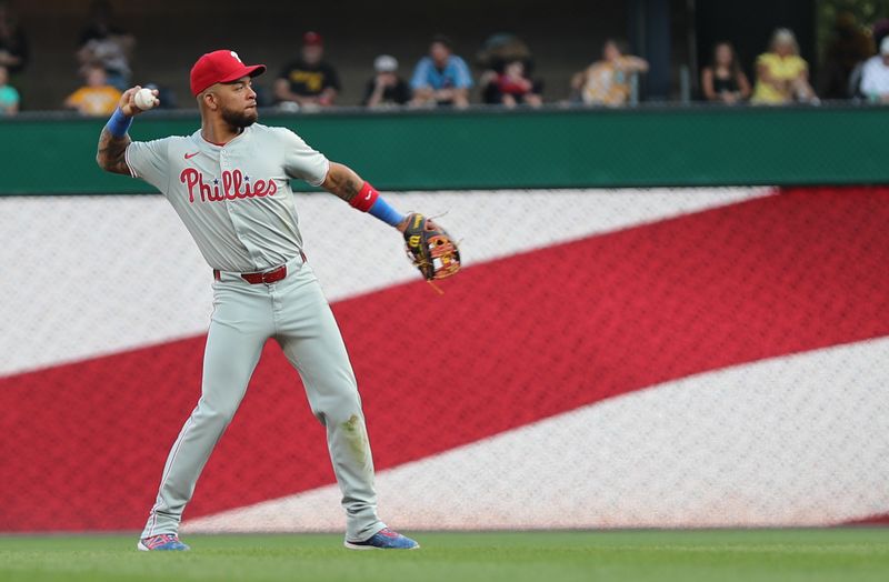 Jul 19, 2024; Pittsburgh, Pennsylvania, USA;  Philadelphia Phillies second baseman Edmundo Sosa (33) warms up before the third inning against the Pittsburgh Pirates at PNC Park. Mandatory Credit: Charles LeClaire-USA TODAY Sports