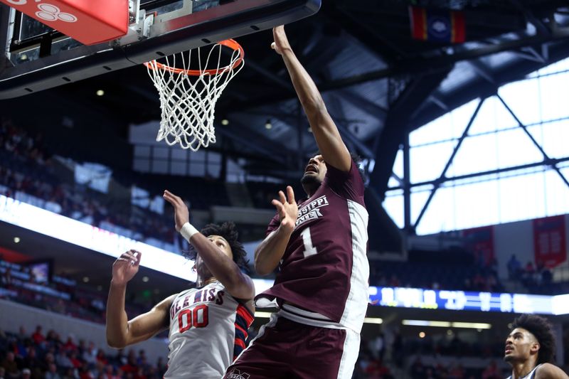 Feb 18, 2023; Oxford, Mississippi, USA; Mississippi State Bulldogs forward Tolu Smith (1) shoots during the first half against the Mississippi Rebels at The Sandy and John Black Pavilion at Ole Miss. Mandatory Credit: Petre Thomas-USA TODAY Sports