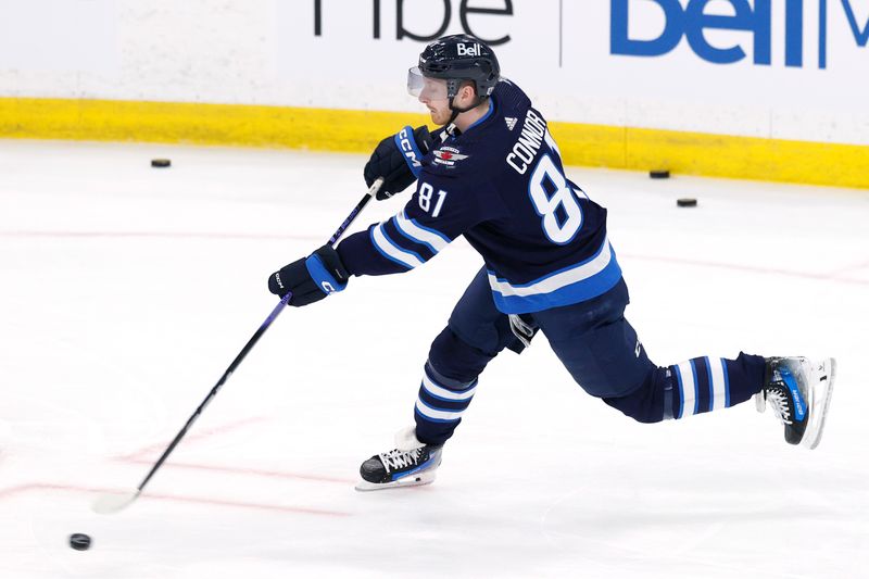 Apr 21, 2024; Winnipeg, Manitoba, CAN; Winnipeg Jets left wing Kyle Connor (81) warms up before a game against the Colorado Avalanche in game one of the first round of the 2024 Stanley Cup Playoffs at Canada Life Centre. Mandatory Credit: James Carey Lauder-USA TODAY Sports