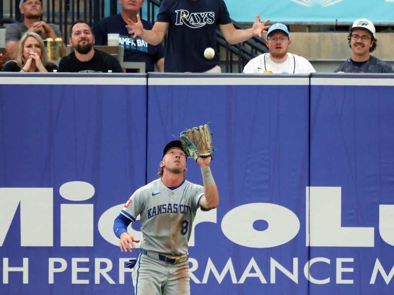 Apr 29, 2025; St. Petersburg, Florida, USA; Kansas City Royals outfielder Drew Waters (8) makes a catch against the Tampa Bay Rays during the second inning at George M. Steinbrenner Field. Mandatory Credit: Kim Klement Neitzel-Imagn Images