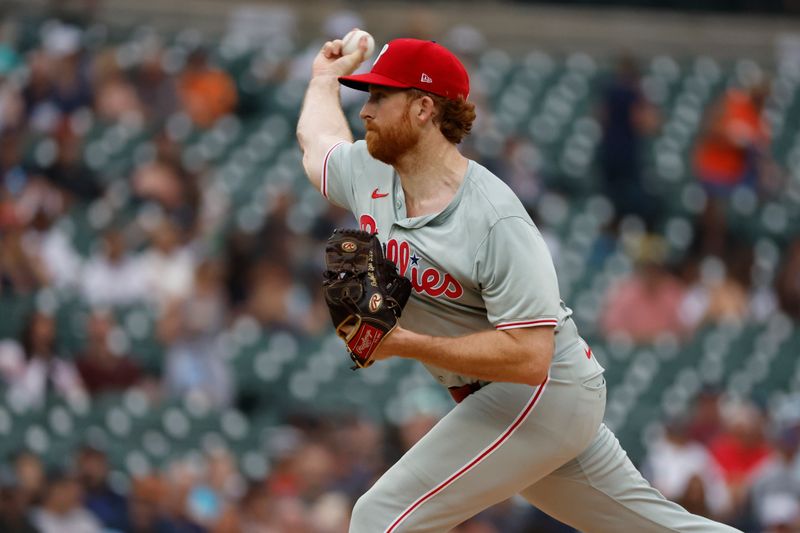 Jun 26, 2024; Detroit, Michigan, USA;  Philadelphia Phillies relief pitcher Spencer Turnbull (22) delivers against the Detroit Tigers in the first inning at Comerica Park. Mandatory Credit: Rick Osentoski-USA TODAY Sports