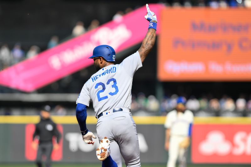 Sep 17, 2023; Seattle, Washington, USA; Los Angeles Dodgers right fielder Jason Heyward (23) celebrates after hitting a home run against the Seattle Mariners during the first inning at T-Mobile Park. Mandatory Credit: Steven Bisig-USA TODAY Sports