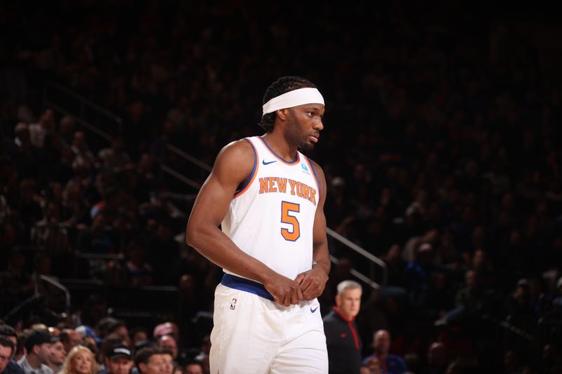 NEW YORK, NY - JANUARY 3: Precious Achiuwa #5 of the New York Knicks looks on during the game against the Chicago Bulls on January 3, 2024 at Madison Square Garden in New York City, New York.  NOTE TO USER: User expressly acknowledges and agrees that, by downloading and or using this photograph, User is consenting to the terms and conditions of the Getty Images License Agreement. Mandatory Copyright Notice: Copyright 2024 NBAE  (Photo by Nathaniel S. Butler/NBAE via Getty Images)