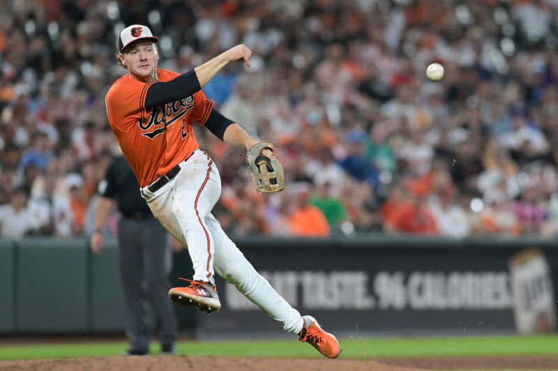 Jul 15, 2023; Baltimore, Maryland, USA; Baltimore Orioles third baseman Gunnar Henderson (2) throws to first base during the fifth inning against the Miami Marlins  at Oriole Park at Camden Yards. Mandatory Credit: Tommy Gilligan-USA TODAY Sports