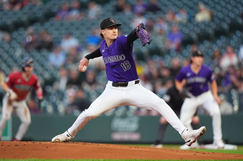 Sep 17, 2024; Denver, Colorado, USA; Colorado Rockies starting pitcher Ryan Feltner (18) delivers a pitch in the first inning against the Arizona Diamondbacks at Coors Field. Mandatory Credit: Ron Chenoy-Imagn Images